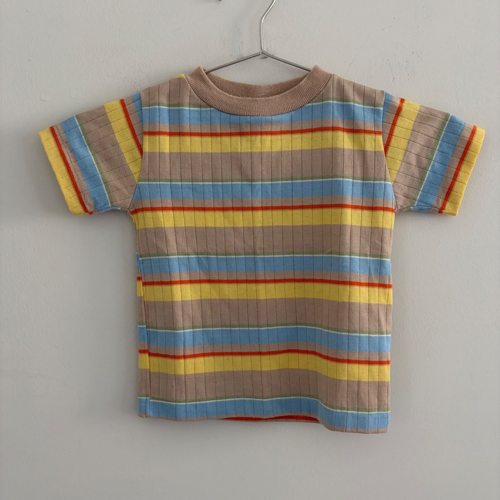 Vintage Health-tex Kids Striped Ribbed Knit T-Shirt 4T Tan Blue Yellow USA